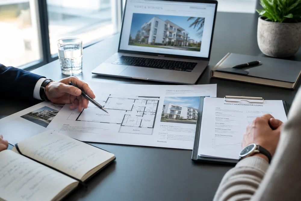 Beratungsgespräch mit Grundriss und Unterlagen – Immobilienbewertung