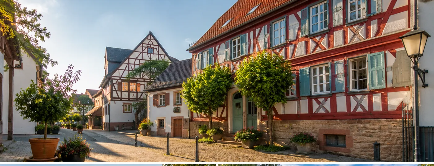 Historische Fachwerk-Altstadt in Frankfurt-Bergen-Enkheim mit Kopfsteinpflaster