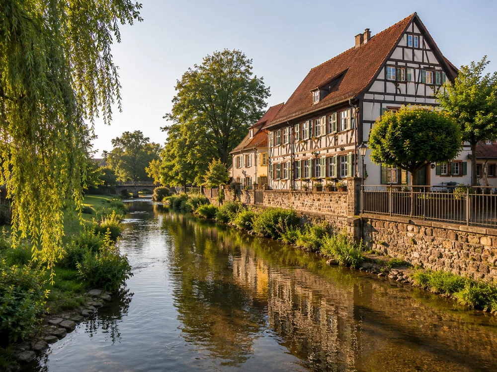 Grünanlage mit Wasser und Fachwerkhäusern in Bergen-Enkheim