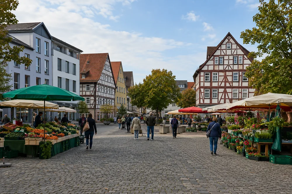 Lebendiges Ortszentrum von Bergen-Enkheim mit Marktständen
