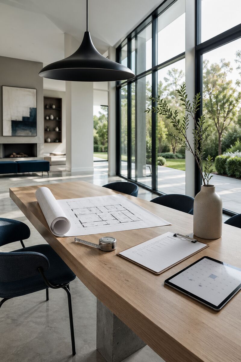 Heller Eichentisch mit Architekturplan und Tablet — Phase Vorbereitung