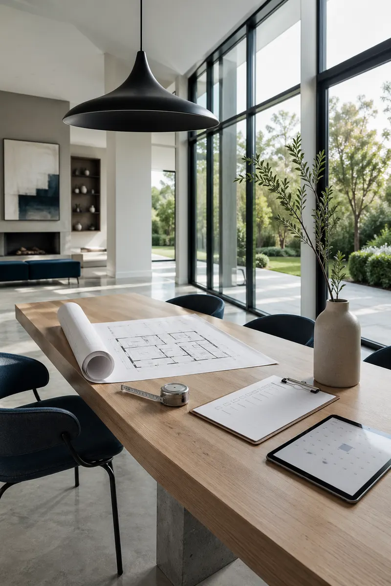 Heller Eichentisch mit Architekturplan und Tablet — Phase Vorbereitung