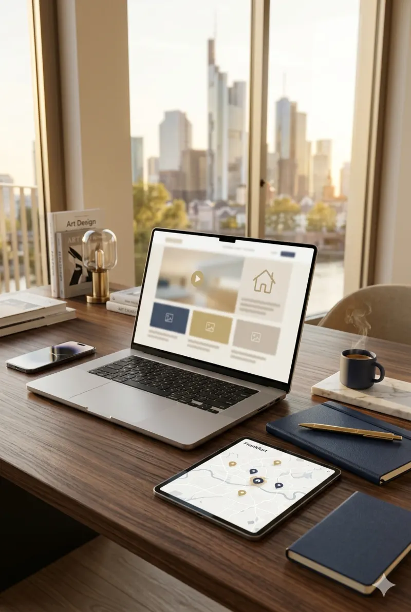 Schreibtisch mit Laptop, Smartphone und Tablet vor Frankfurter Skyline — Phase Vermarktung