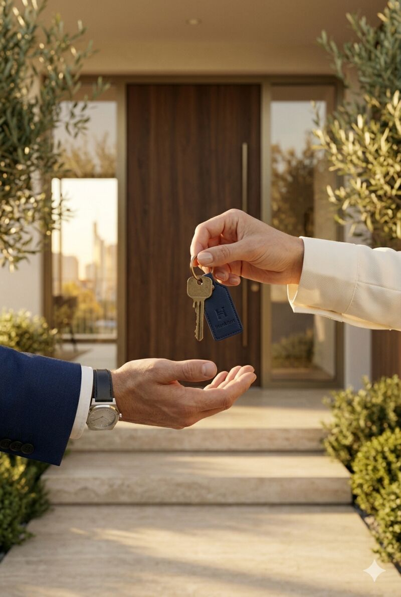 Schlüsselübergabe vor moderner Haustür — Phase Übergabe